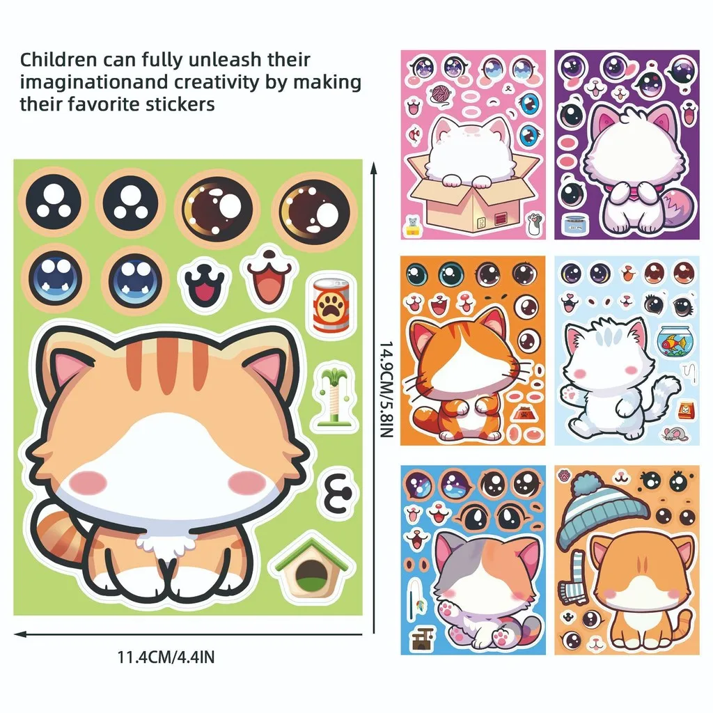 8 Pcs Cute Kitten Dress-Up Stickers - Cartoon Puzzle Kids' Toys, Waterproof Decor Decals for Notebook image 5