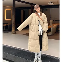 Vintage Khaki Long Down Jacket Women Winter Korean Single-breasted Loose Thickened Parkas Fashion Black Casual Lady Outwear