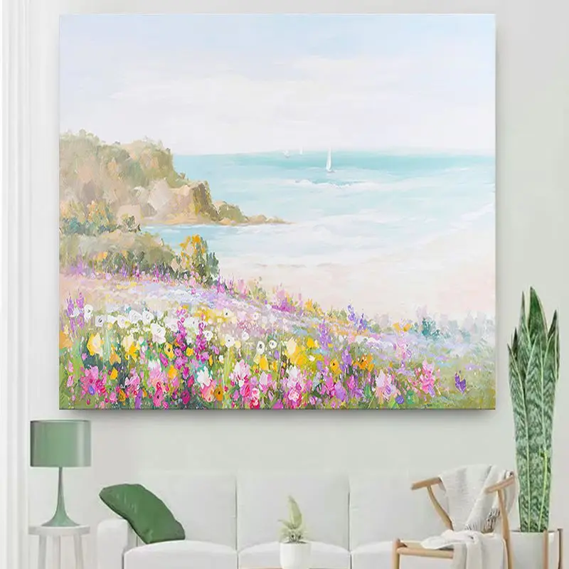 VIKAMA Colorful Seaside Flower Field Tapestry, Oil Painting Seascape Wall Hanging, Coastal Bedroom Living Room Decor, for Home