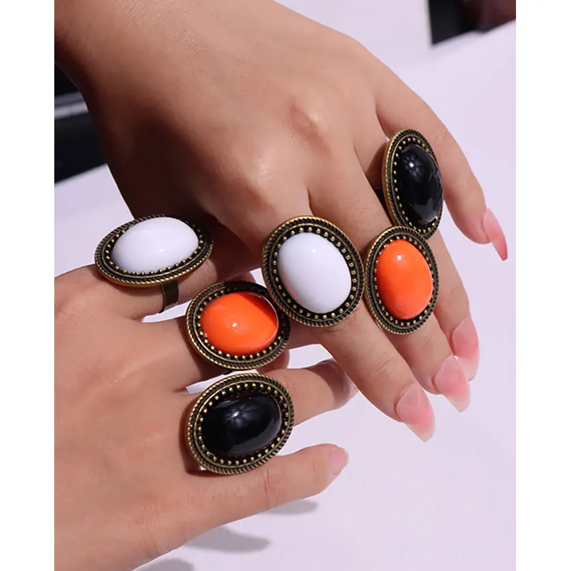 Vintage Orange Color Black White Oval Resin Metal Rings for Women Girl Autumn Winter Elegant Jewelry Gift HUANZHI 2023 NEW