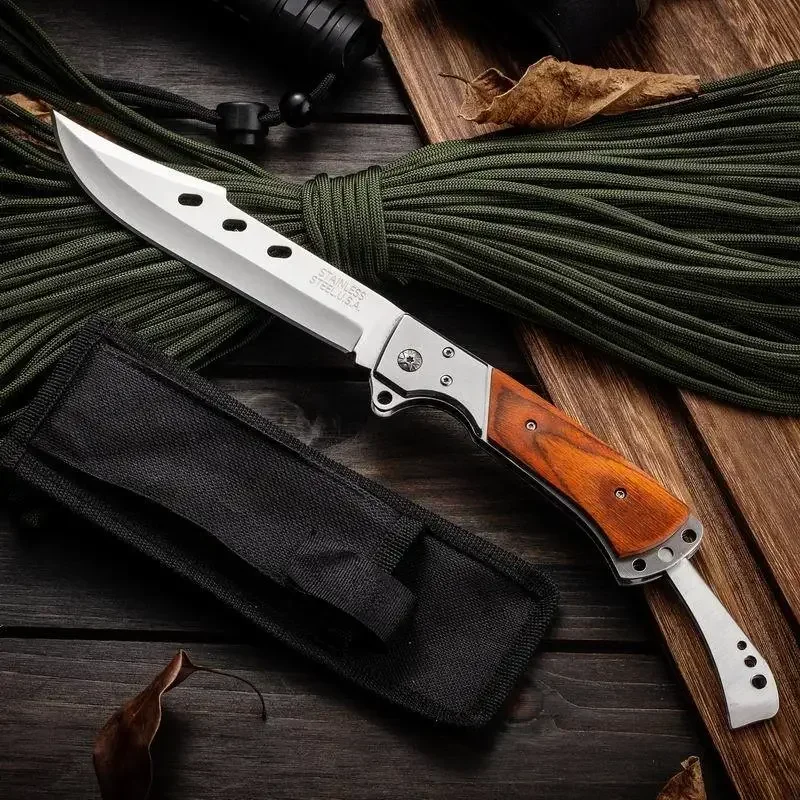 440C Outdoor folding knife, 420 steel inset colored wood handle, camping Survival Tactics Hunting self-defense multi-purpose EDC