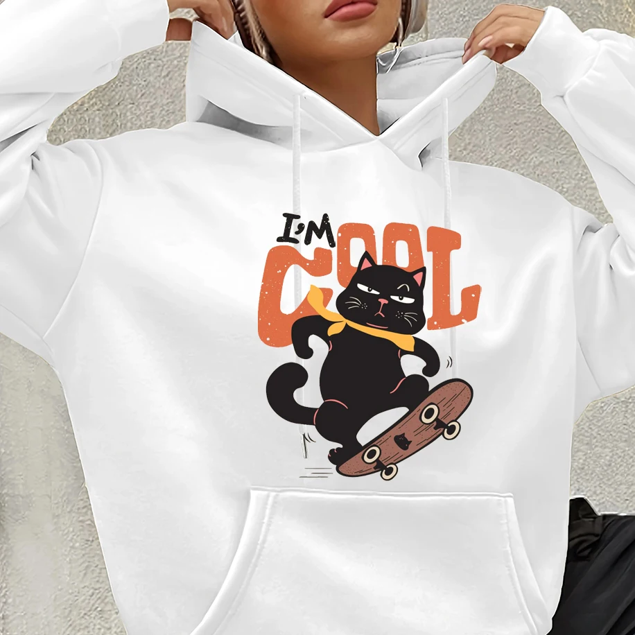 

Cartoon Black Cat Printed Long Sleeves Men Women Hoodie Funny Retro Harajuku Unisex Clothing Cool Skateboarding Hip-hop Tops