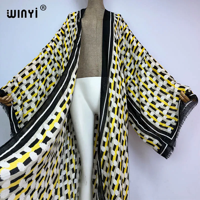 NEW WINYI Kimonos Women Retro bohemian print Long Sleeve Cardigan Female Blouse summer Casual beach Cover Up party kuwait kaftan