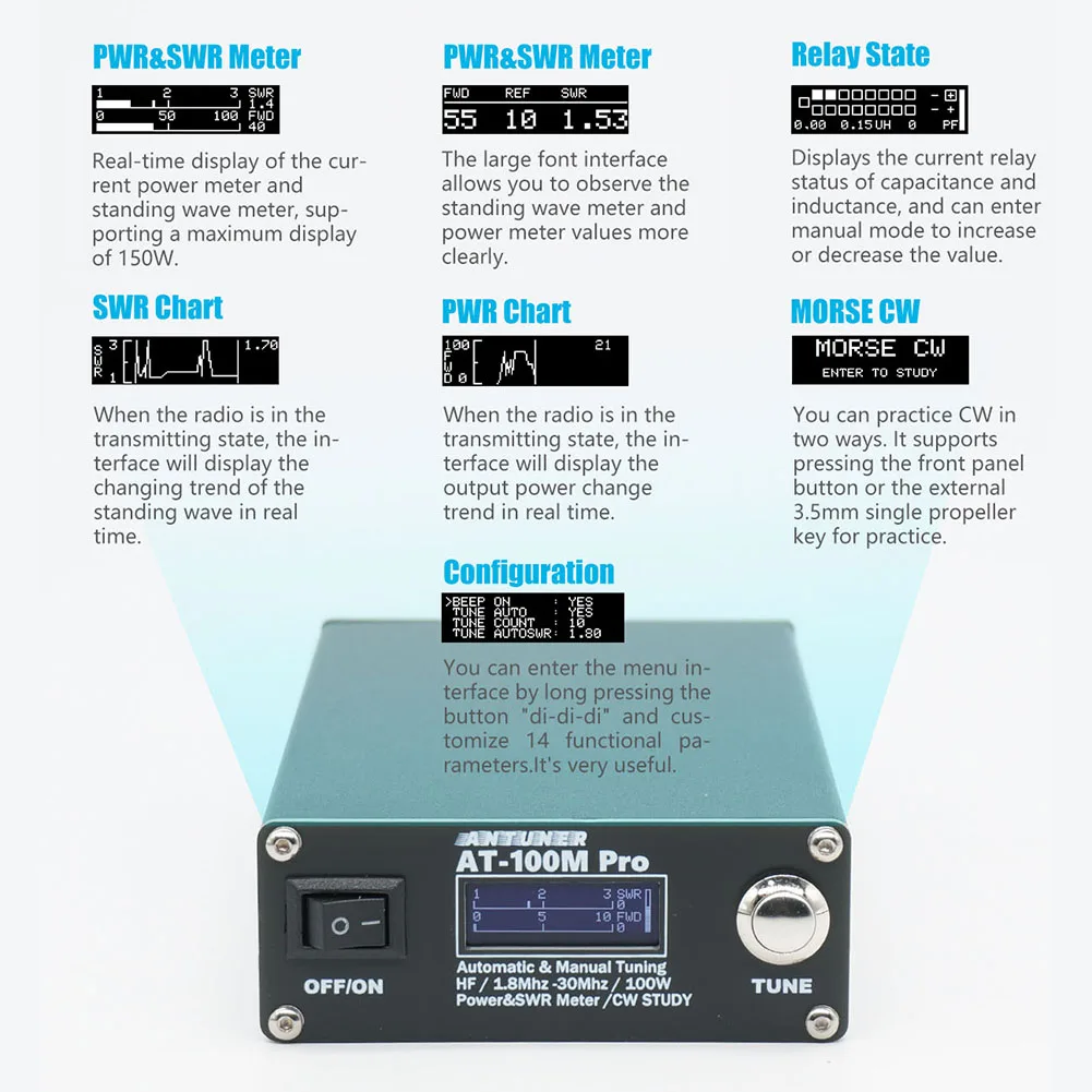 AT100M Pro Antenna Tuner 1.8mhz-30mhz Standing Wave Meter Support Morse Code Exerciser Shortwave Antenna Tuner for HF Radio