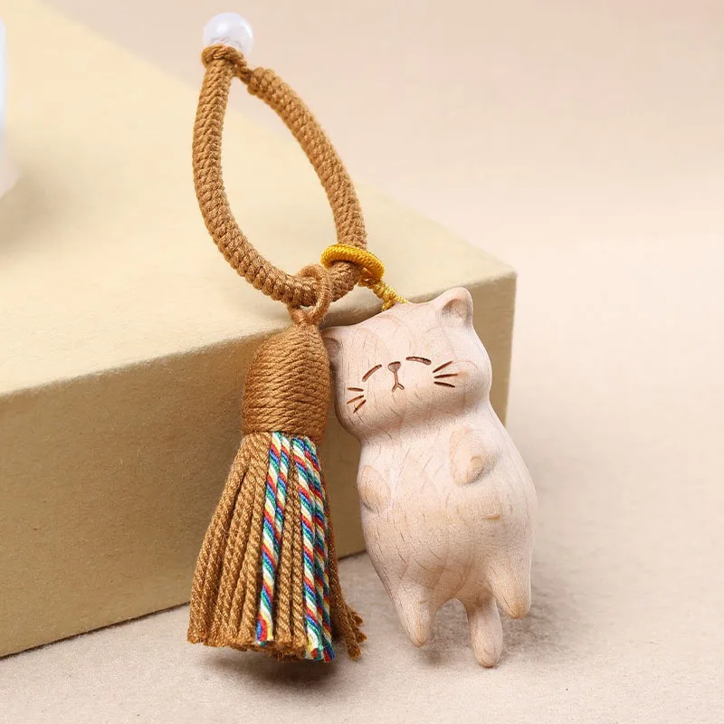 Handmade Wood Carving Cats Bag Charms Keychain Purse Accessories Cute Mini Tassels Pendants Suitable for Bags Backpack