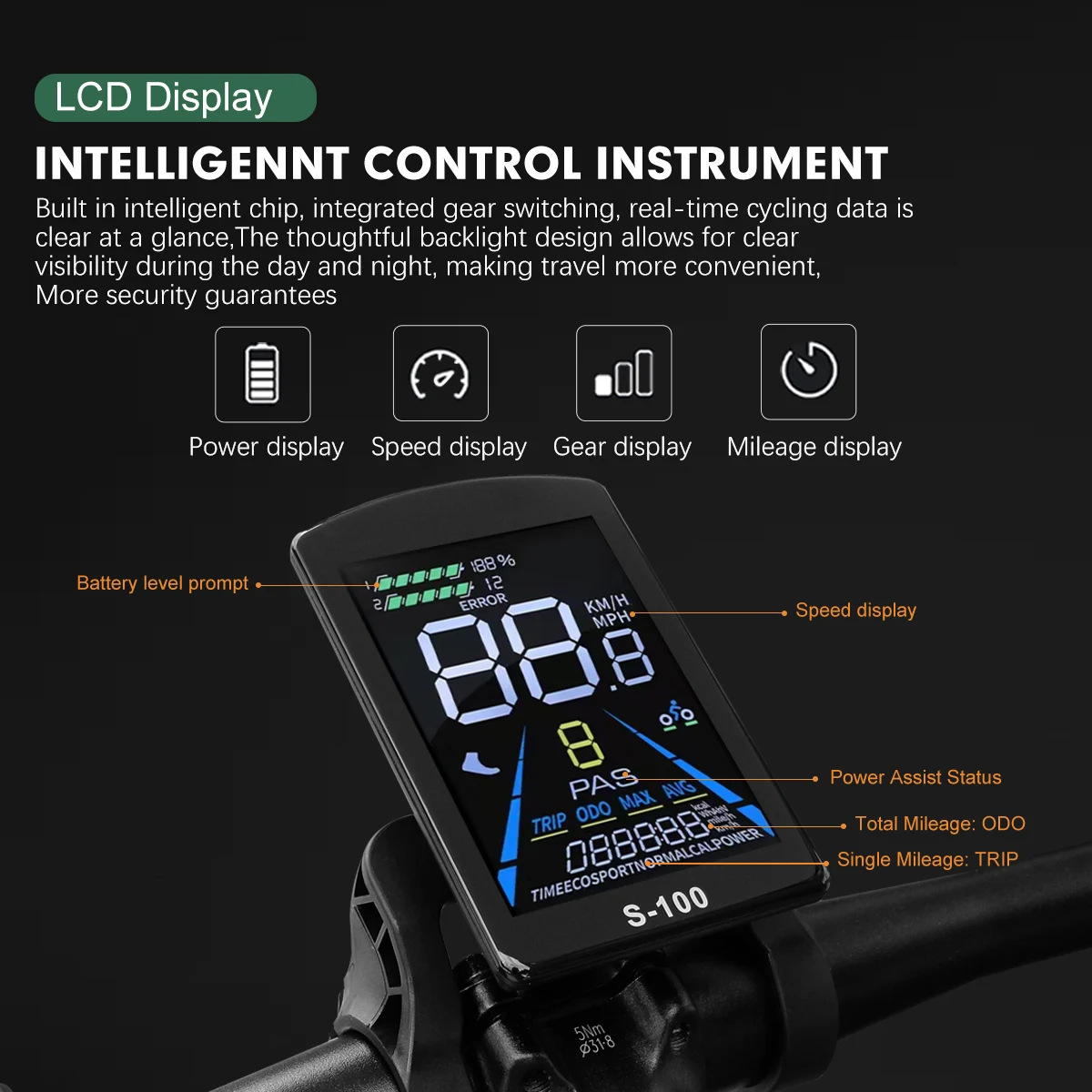 دراجة كهربائية LCD S-100 24 فولت/36 فولت/48 فولت/52 فولت/60 فولت/72 فولت عرض متر مقاوم للماء E سكوتر لوحة ال سي دي شاشة ملونة للدراجة الإلكترونية الجبلية