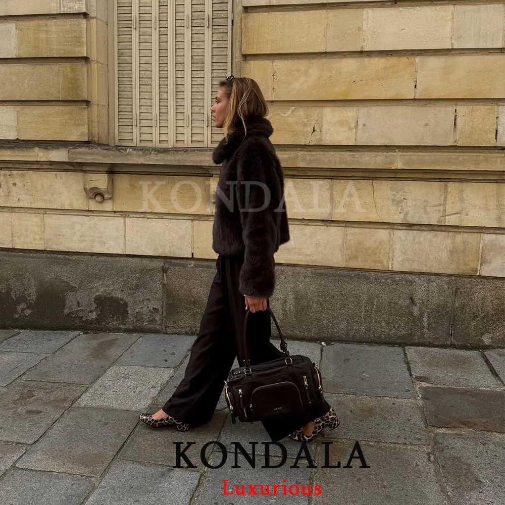 KONDALA Chic Gray Faux Fur Coats Zipper Long Sleeve Thick Warm Jackets Fashion 2025 Autumn Winter Thick Warm Outwears