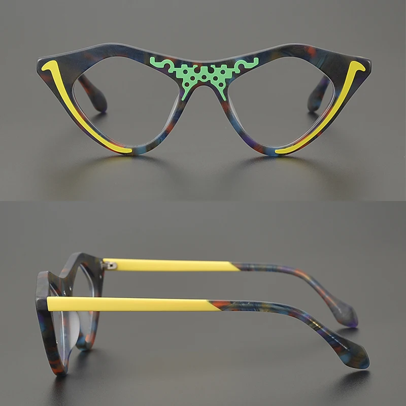 Lunettes œil de chat en acétate patchwork faites à la main pour hommes et femmes, montures de lunettes japonaises, lunettes de créateur de qualité, lentilles personnalisées