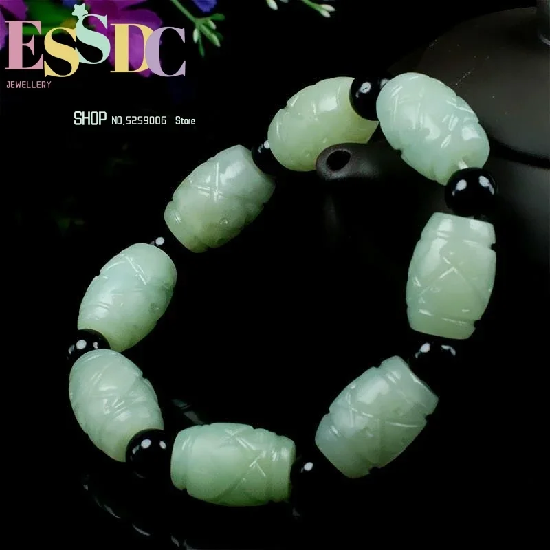 

Natural White Jade Beads Carved Elastic Bracelet Bangle Charm Jewellery Fashion Accessories Hand-Carved Man Luck Amulet