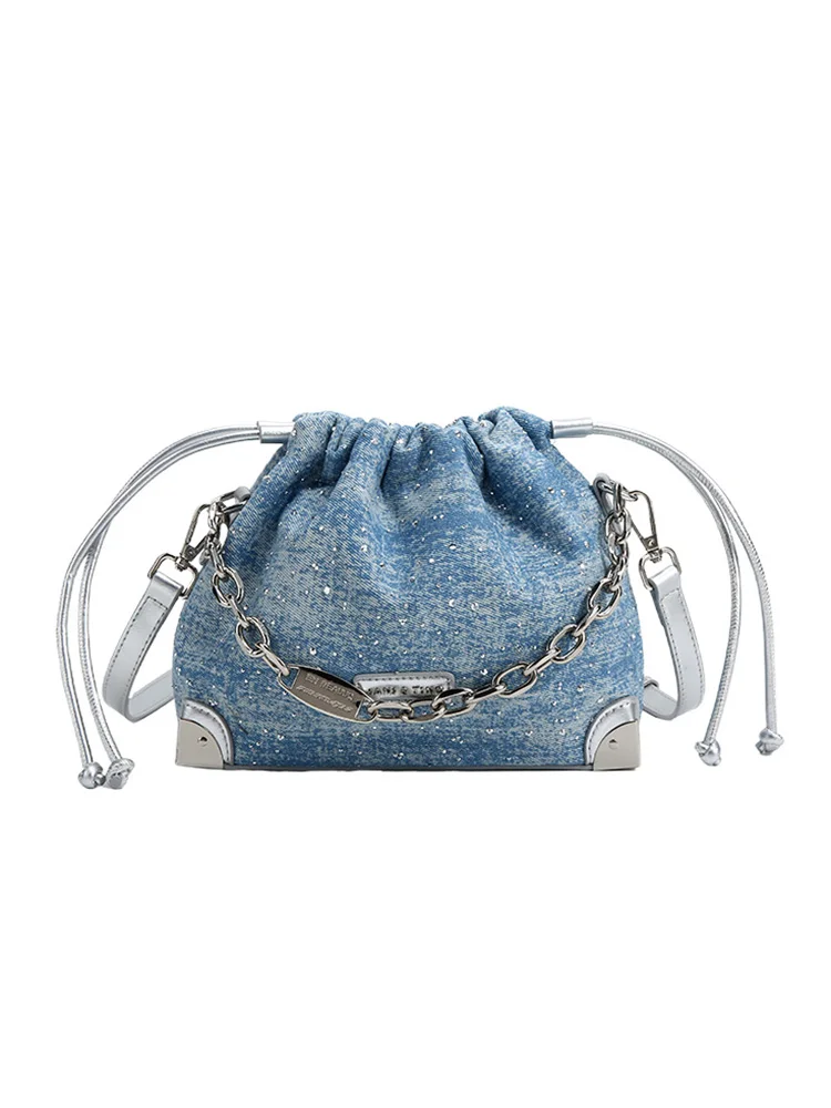 2024 Newly Trendy Denim and Luxury Handheld Bucket Bag with Chain Decoration Popular Evening Party Clutch Purse for Women