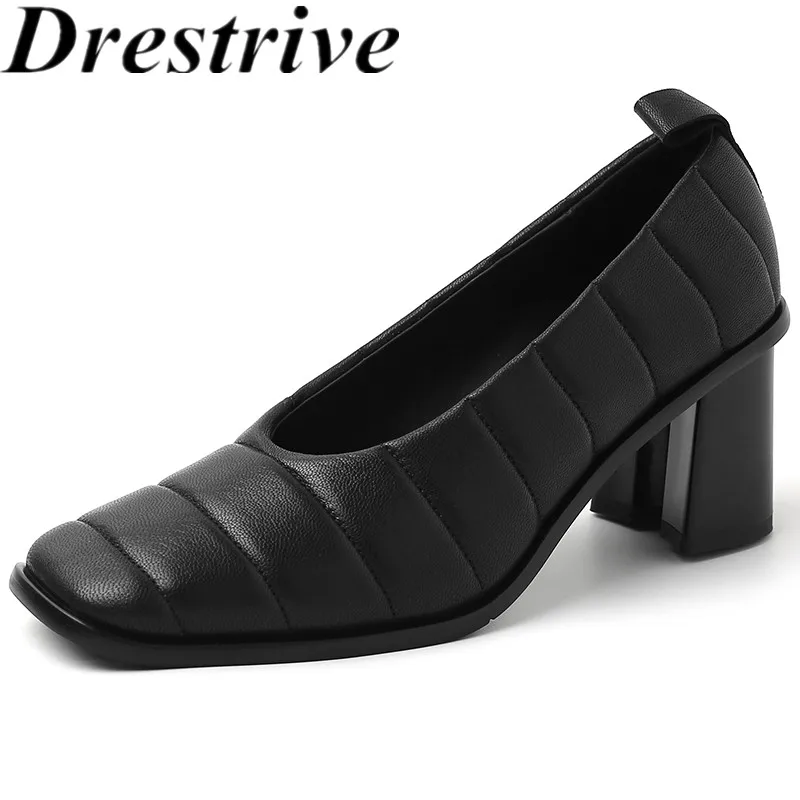 

Drestrive 2024 Autumn Classics Women's Pumps Square Toe Sheepskin Thick High Heels Full Genuine Leather Shoes Top Quality