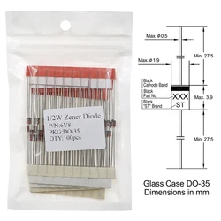 Diodo Zener de 1/2W, serie DO-35, 2V, 3V, 0,5 V, 3,3 V, 3,6 V, 3,9 V, 5,1 V, 5,6 V, 6,8 V, 10V, 12V, 13V, 15V, 16V, 7,5 W 18V, 20V, 22V, 24V, 30V, 33V, 36V, 39V