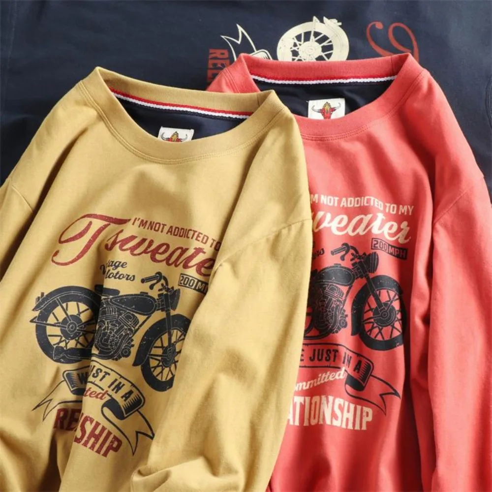 

100% cotton retro motorcycle printed pattern long-sleeved T-shirt men's washing and fur base shirt
