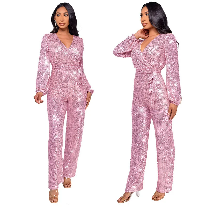 Hot Sale Sexy Long Sleeve V-Neck Luxury Sequin jumpsuit for women party Wide Leg jumpsuits 2023