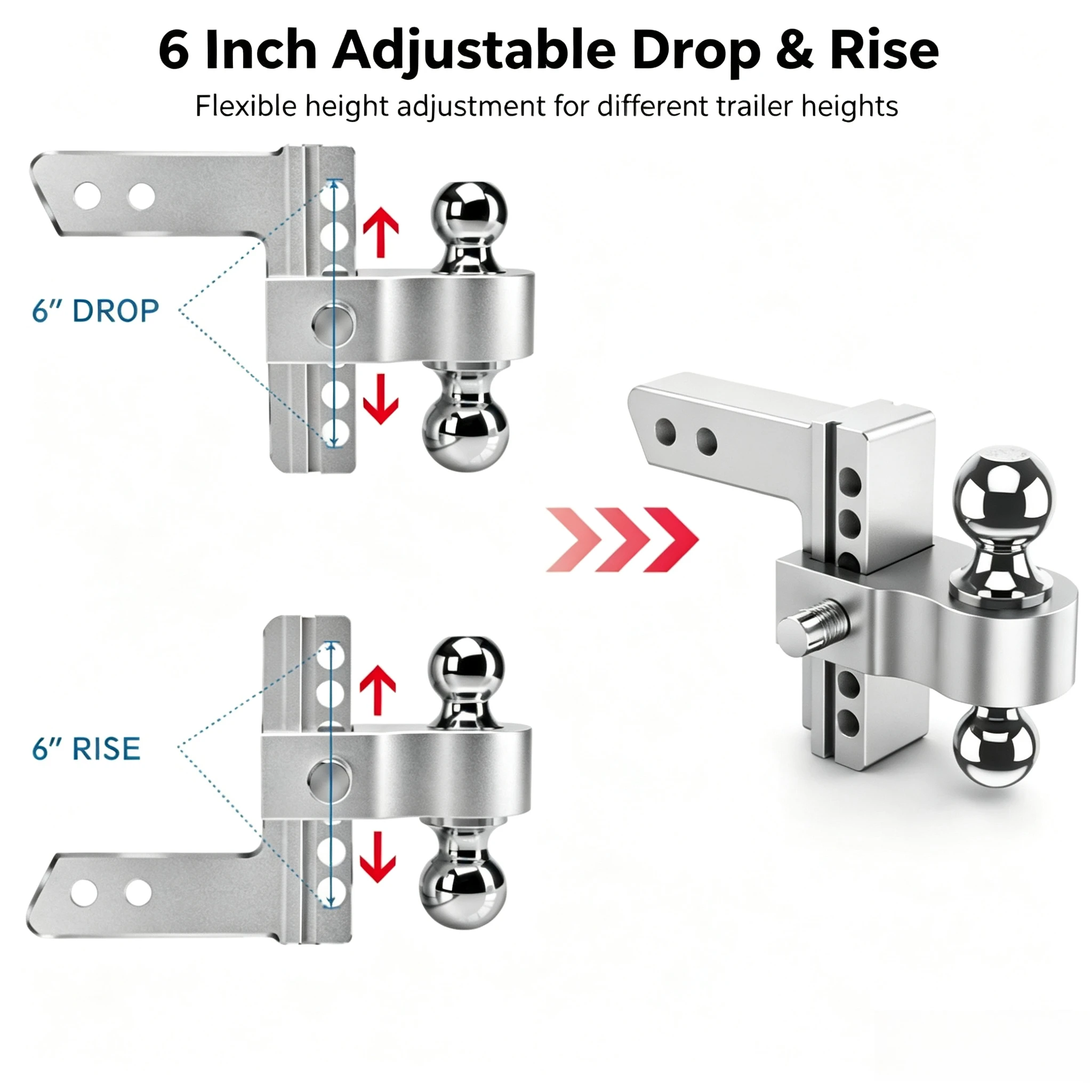 Anodized Silver Aluminum Adjustable Trailer Arm Hitch Set 2-6in Square Receiver Double Ball Head Towing Accessory