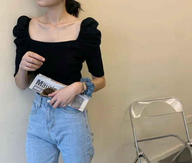 Puffy Sleeve Square Neck Knit Shirt for Women Teengirl Fitted Rib-Knit Pullover T-shirt Top Spring Summer Basic Outfit