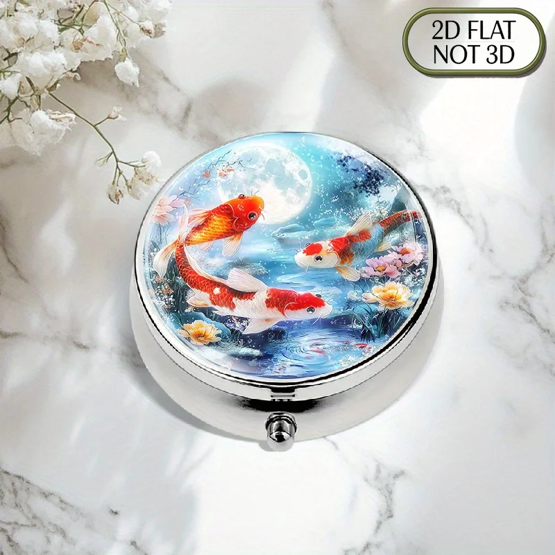 A flat, portable, round metal pill box, adorned with a circular glass-like design featuring a koi pond and a bright moon, with bright, gemstone-colored jewels inlaid around the edges. It is specially designed for the safe storage of medication, vitamins, and accessories, making it an ideal gift for Father's Day and other holidays. Flat design