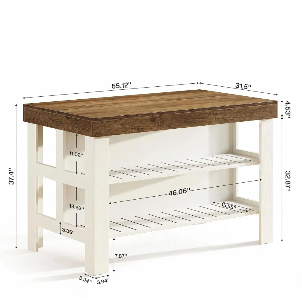 55.1-Inch Kitchen Island with Seating and Storage, 3-Tier Large Farmhouse Island Table with Large Countertop, Customized