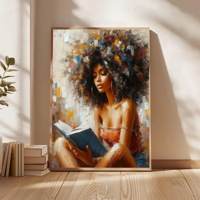 Cool Girl Reading Book Afro Canvas Painting African American Black Woman Relaxing Poster Wall Art for Living Room Home Decor