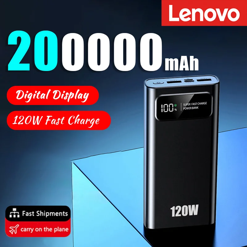 Lenovo-Batería Externa de carga superrápida para móvil, Banco de energía de 120W, capacidad ultralarga de 200000mAh, para Iphone, Xiaomi, Vivo