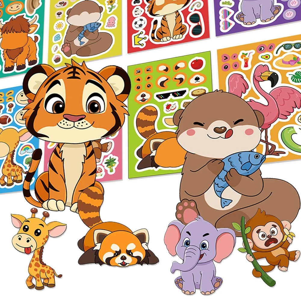 

8/16sheets Cute Animal Make a Face Puzzle Stickers Game Monkey Tiger Cartoon DIY Assemble Jigsaw Education Toy Party Reward Gift