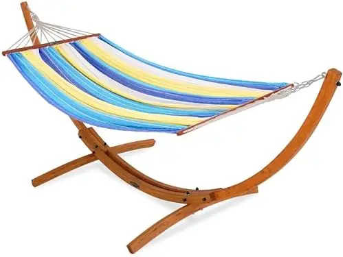 Cotton Fabric Spreader Bar Hammock and 10.5 Ft Wood Arc Hammock Stand Combo, for Outdoor, Indoor, Patio, Backyard, Blue