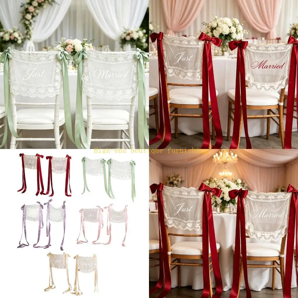 L9NB Sheer Wedding Chair Back Pair for Couple and Reception Seating Display Decorative Just Married Panels Seating Back Cover