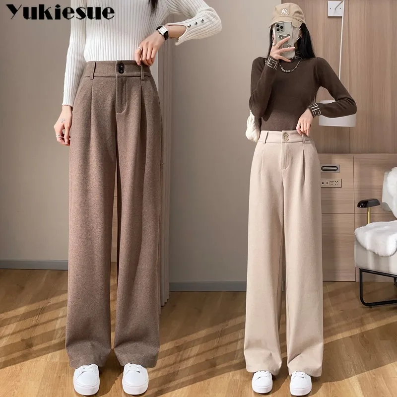 

fleece lined Wide-leg Pants Women Fall Winter New Elastic High-waisted Trousers Female Thick Slim Fit Straight Pant