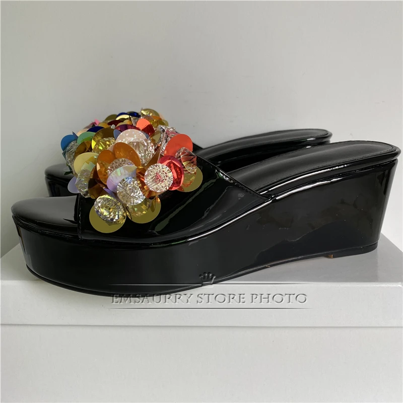 Beads Crystal Flower Decor Sandals Women High Platform Wedges Patent Leather Slingbacks Summer Mules For Girls