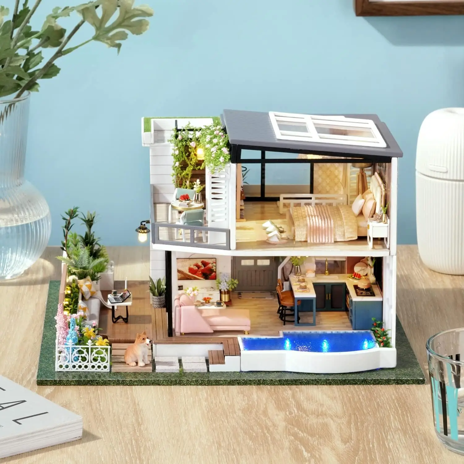 DIY Miniature Dollhouse Kit with Furniture, 1:24 Scale Large Garden Villa Wooden Doll House Accessories Plus Dust Proof & Music