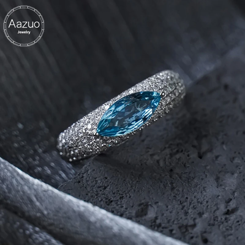 Aazuo Luxury Design 18K White Gold  Natrual Aquamarine Real Diamonds Devil's Eye Rings For Girls & Women Senior Banquet Party