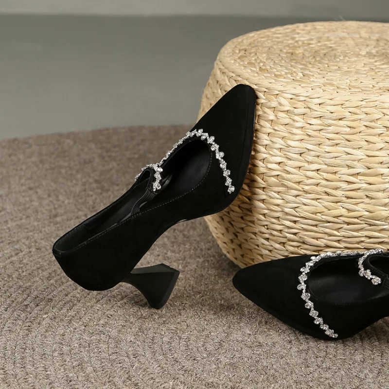 NEW Of Women Suede Pumps Shiny Crystal Rhinestone Super High Heel Pointy Toe Party Wedding Shoes Female Fashion Comfort Casual