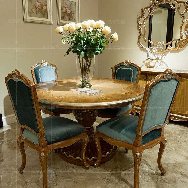 European round table Solid wood high-end villa dining table and chair combination Italian tracing gold table