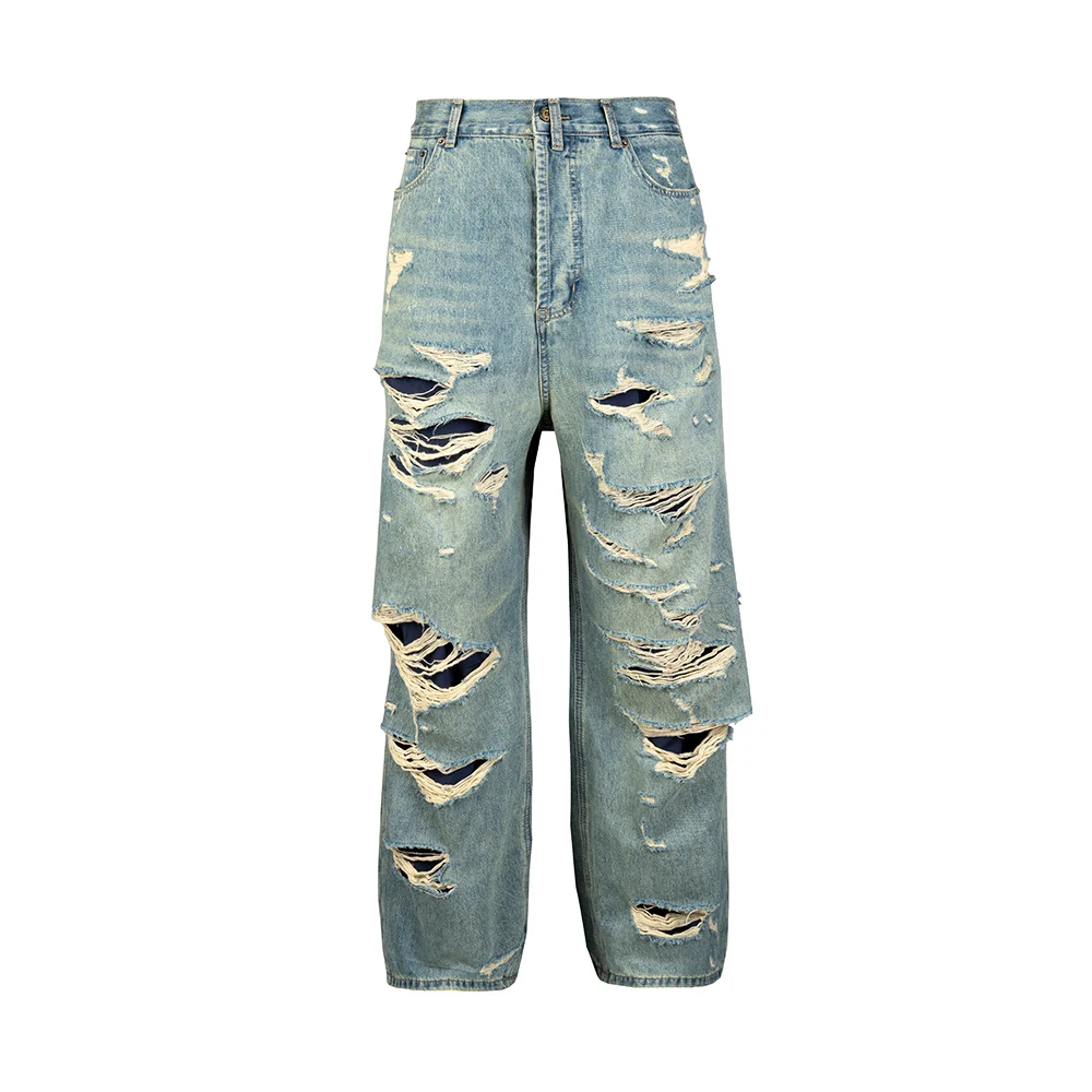 Distressed Washed Blue Baggy Wide Leg Jeans for Men and Women Frayed Casual Denim Trousers Oversized Loose Cargo Pants