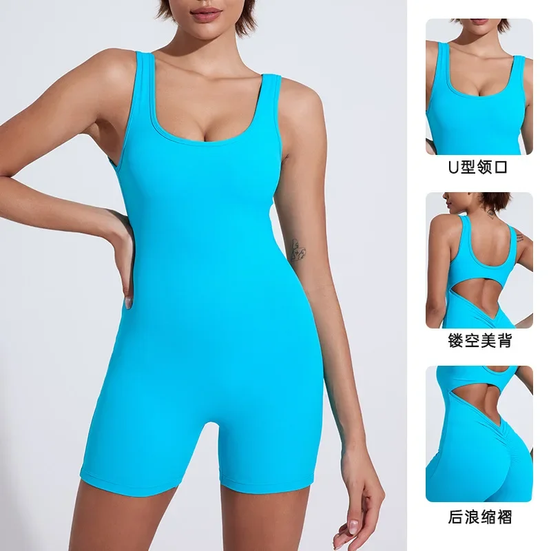 Women's Yoga Rompers Jumpsuit V Back One Piece Sports Fitness Suit Workout Tracksuit Tight Fitting Gym Clothes Dance Bodysuit