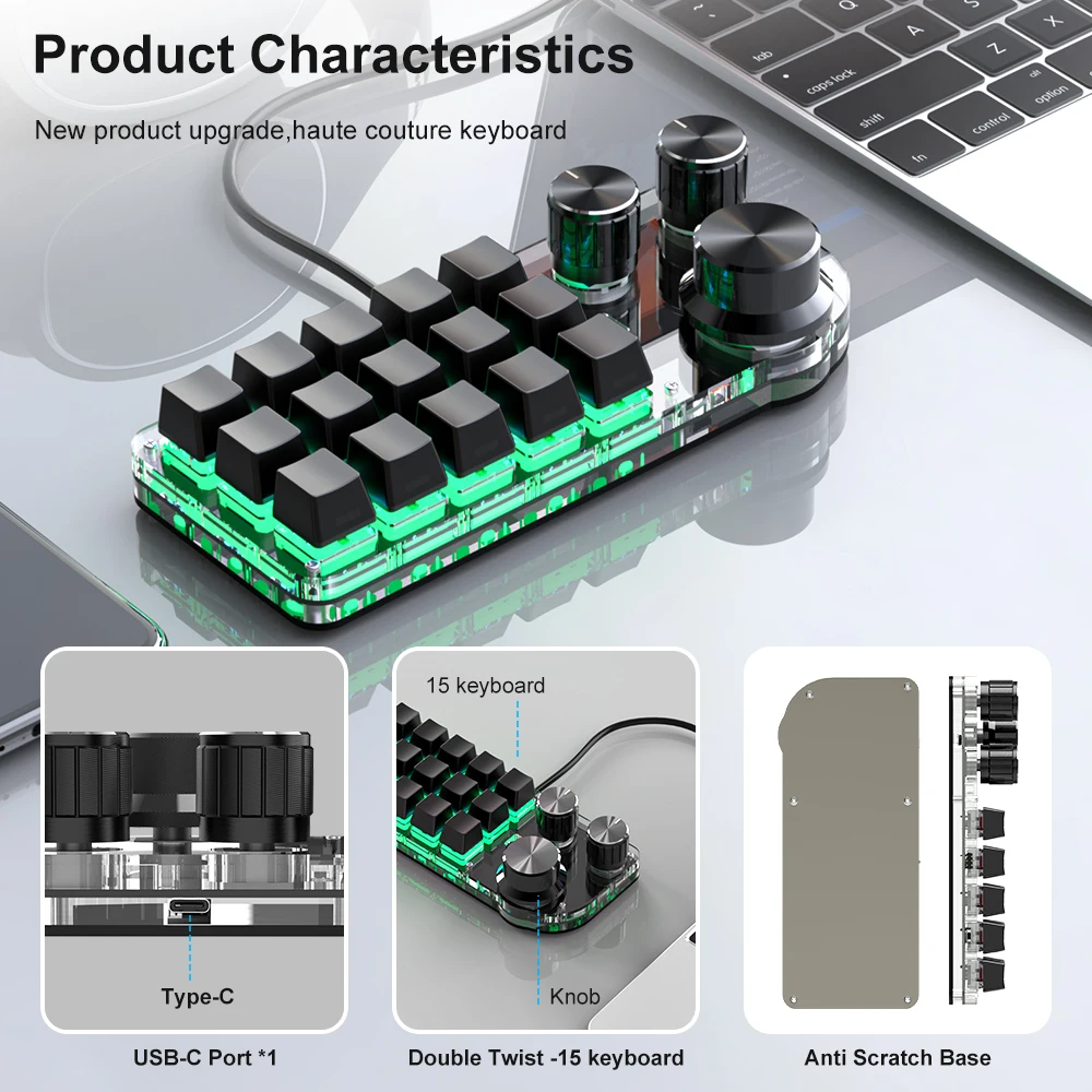 Romoral-teclado de programación Macro, dispositivo con 15 botones, 3 perillas, personalizado, función de capa Bluetooth, intercambiable en caliente