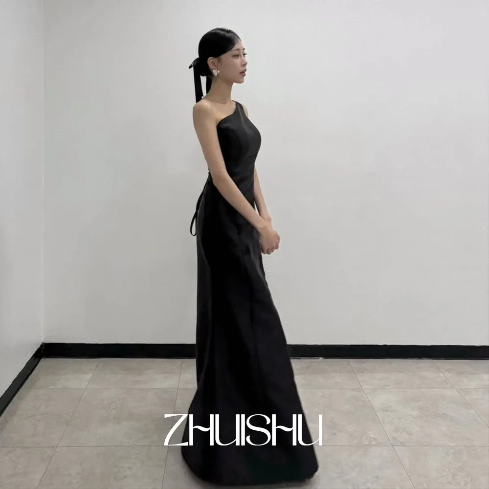 

ZHUISHU One Shoulder Black Evening Dresses Korean Floor-Length Simple Wedding Dress Photo Shoot Customized Women Party Gown