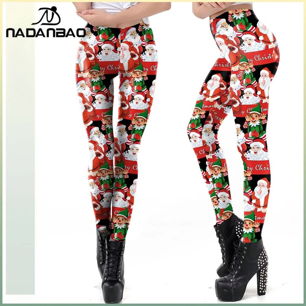 

Nadanbao Red Black Santa Claus Pattern Leggings Women Christmas Holiday Party Trousers Casual Fitness Yoga Pants Elastic Tights