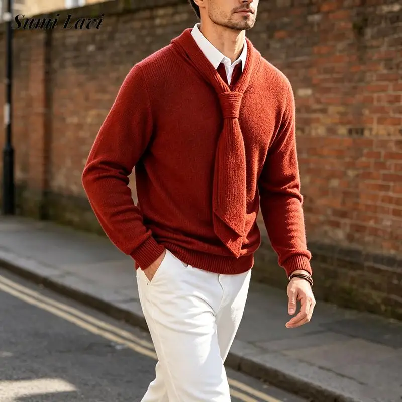 Vintage Men Knitted Pullover Sweater Autumn Winter Solid Color Attached Tie Stand Collar Daily Casual Mens Trendy Knit Tops Men