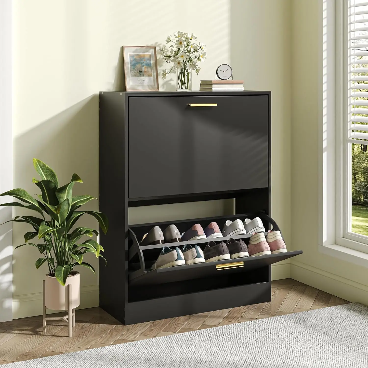 

Shoe Cabinet Storage For Entryway, Freestanding Narrow Slim Shoe Organizer Cabinet With 2 Flip Drawers, Wooden Shoe Ra For