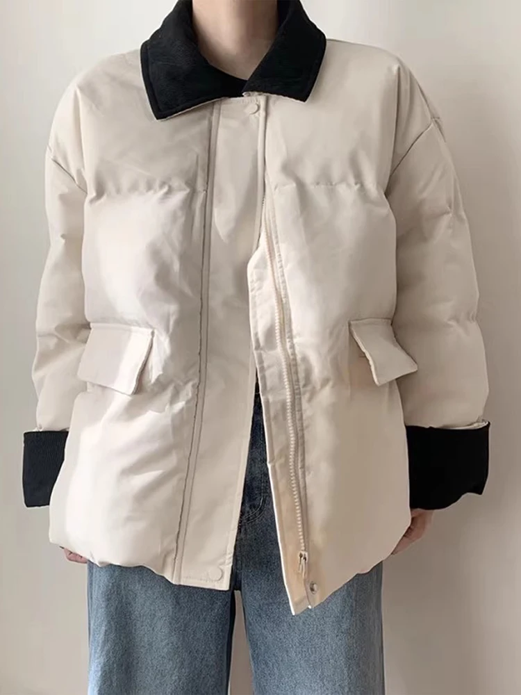 

Fashion Corduroy Spliced Lapel Collar Cotton Coat Women Chic Retro Contrast Color Zipper Parkas Jackets New Loose Warm Outerwear