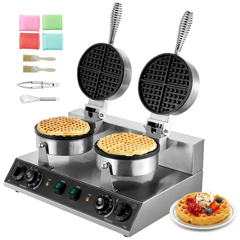 SucceBuy Commercial WaffleMaker DualHead Round Waffle Baker Machine 2460W Non-Stick StainlessSteel Belgian Waffle Iron with Temp