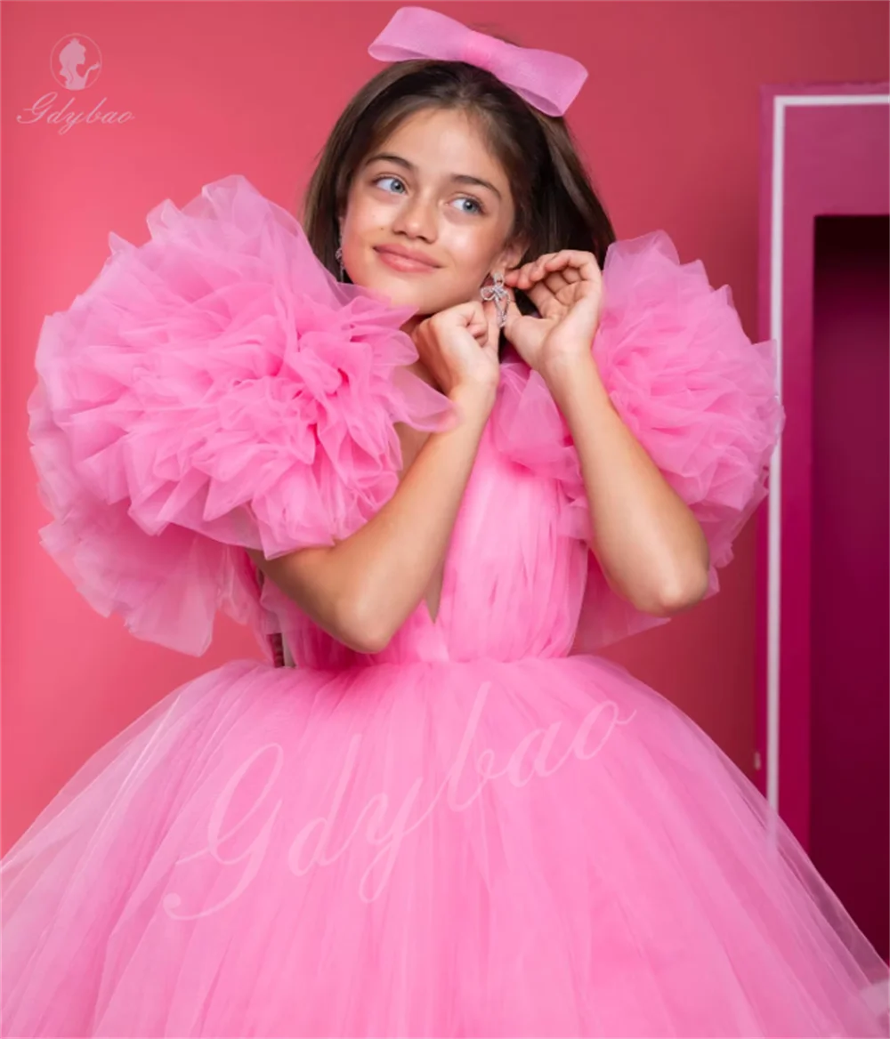 Roze asymmetrische lengte bloemenmeisjesjurk met pofmouwen voor eerste communiefeest voor kinderen, aanpasbaar, aanpasbaar