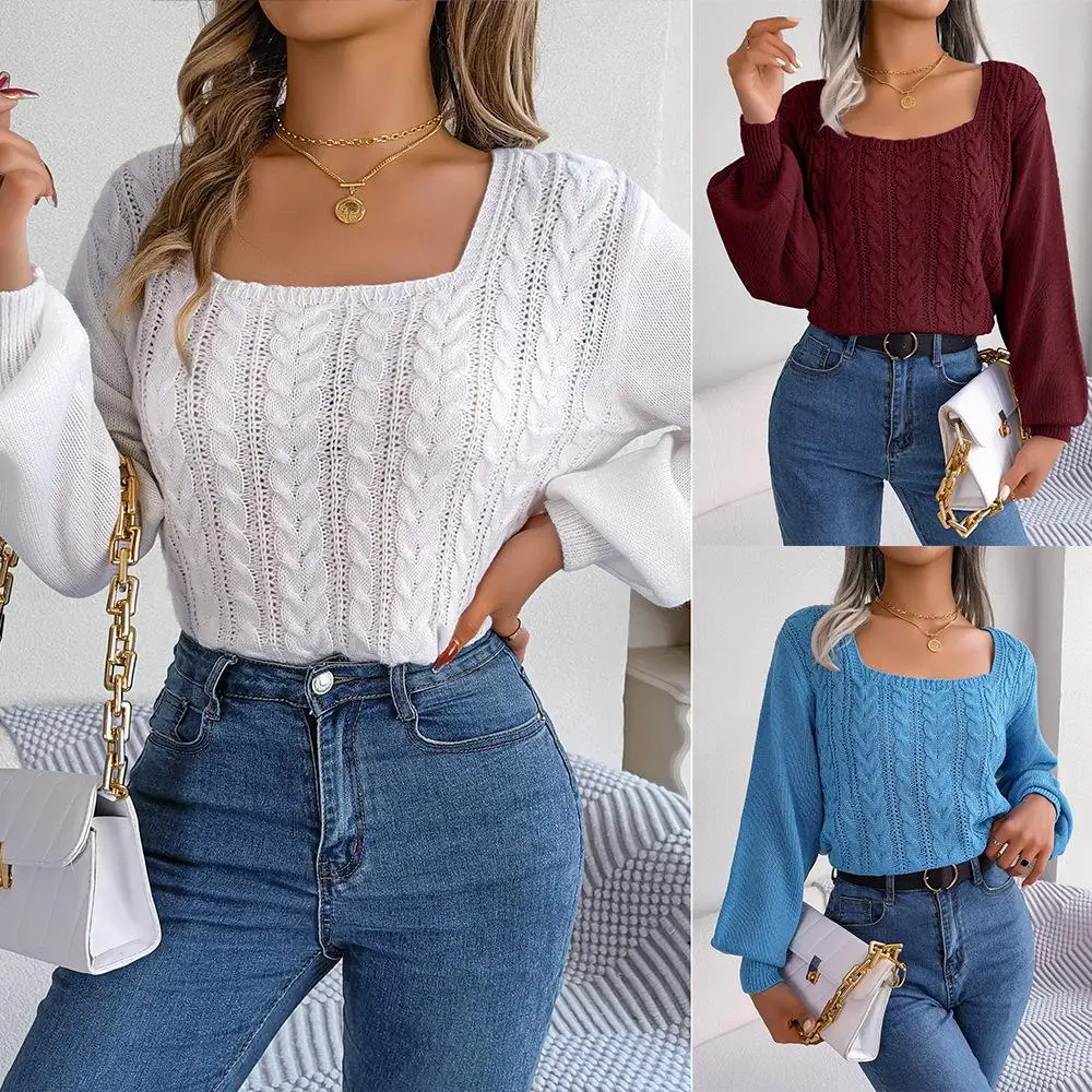 

Autumn Winter Casual Square Collar Twist Lantern Sve Overhead Sweater Cross-Border Women's Faion Long Sve Knitwear