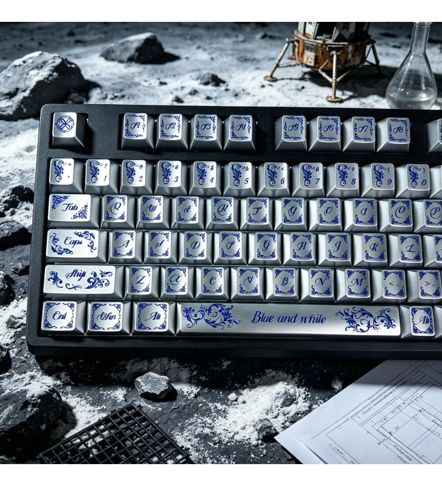 Mechanical keyboard cap royal blue and white shadow wooting blue and white porcelain metallic paint keycap silver glossy