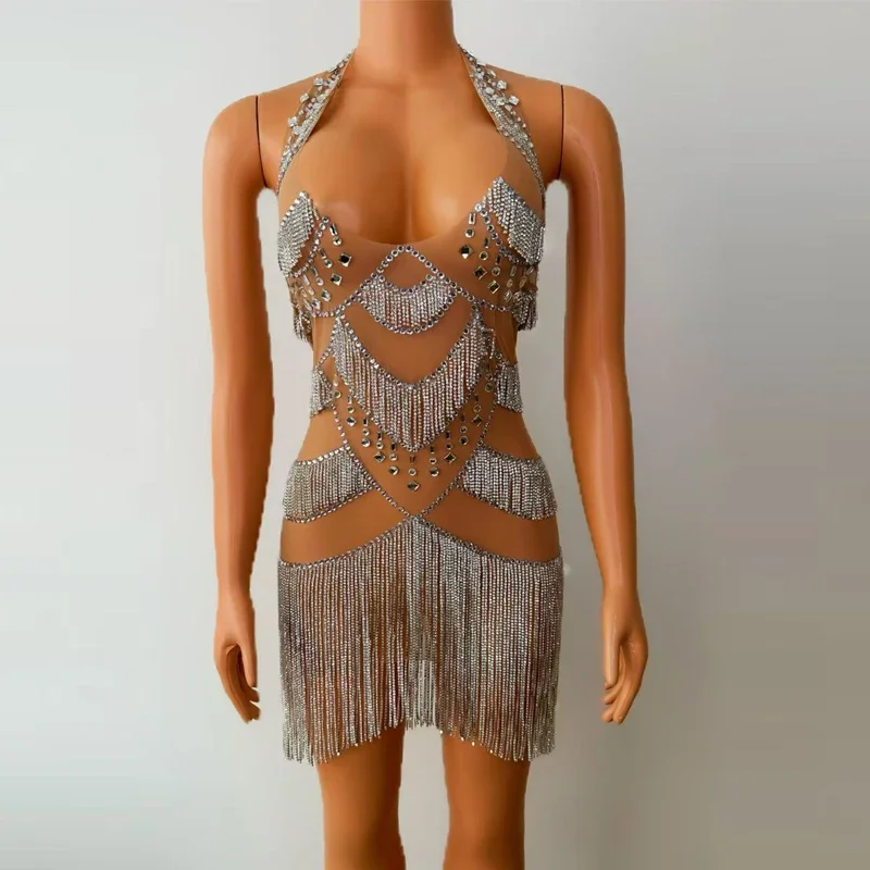Strass Feder Kleid Frauen Sexy Perspektive Mesh Fransen Kleid Bar Ds Dj Bühne Abend Outfit Rave Tragen