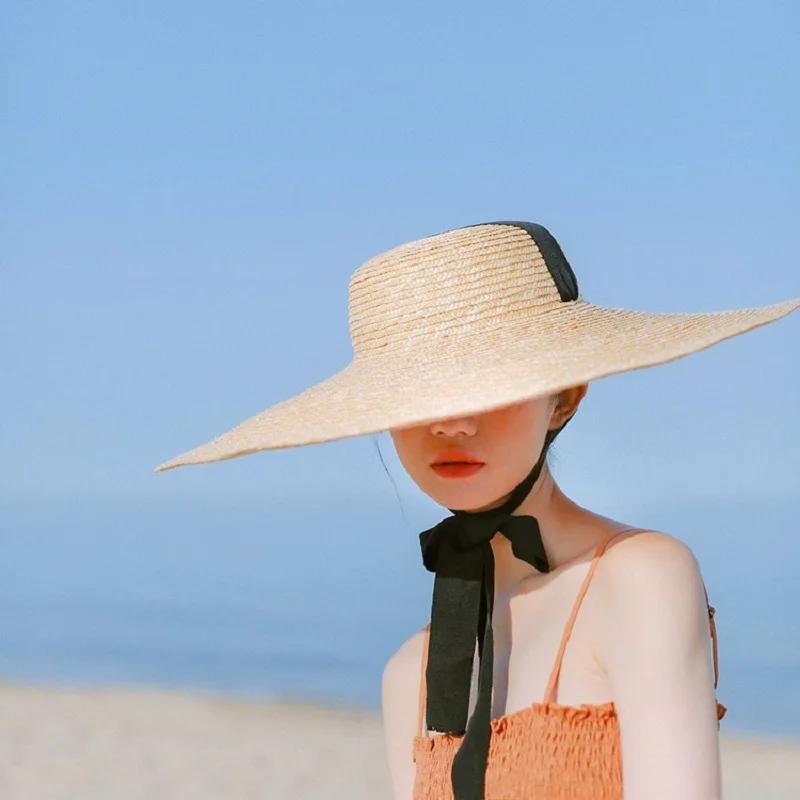 Summer Big Natural Straw Hats For Women Handmand Wide Brim Beach Visor Caps Elegant Flat Top Long Ribbon Lace-Up Sun Hat