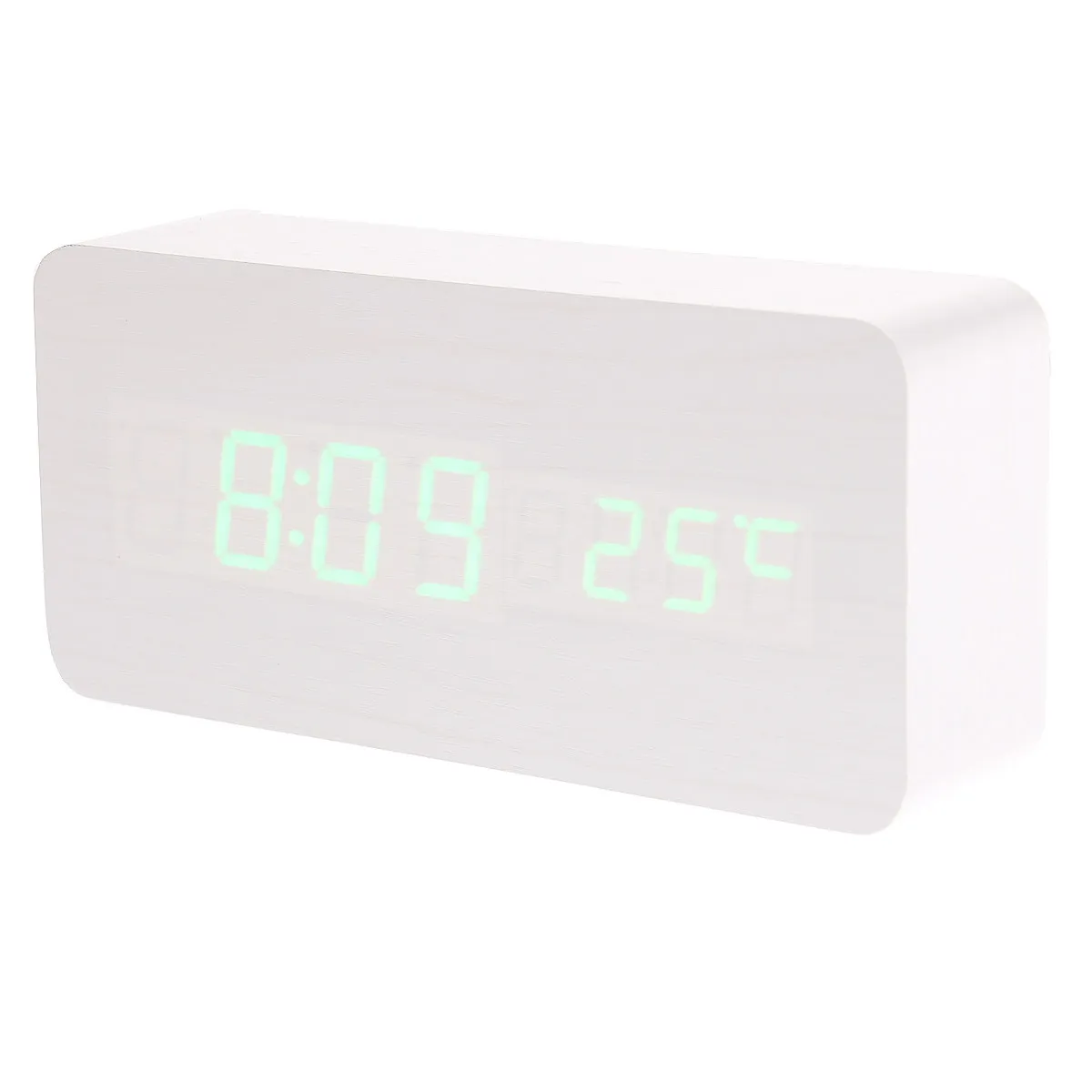 White Wooden Digital Desk Clock Green LED Display USB 6V Cable Or Aaa Batteries Voice Wake-Up Date Time Temp Electronic