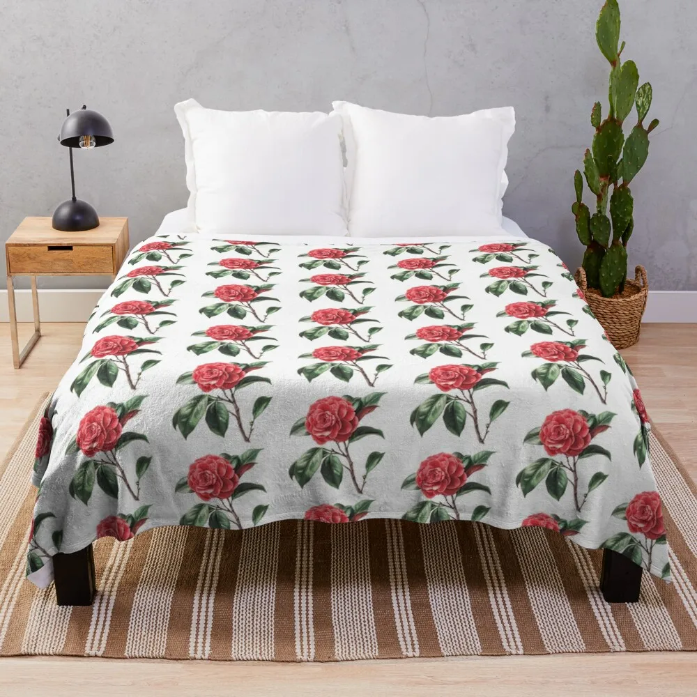 Pink Camellia Flower with Lush Green Leaves Throw Blanket Comforter Luxury St blankets ands Flannels Blankets