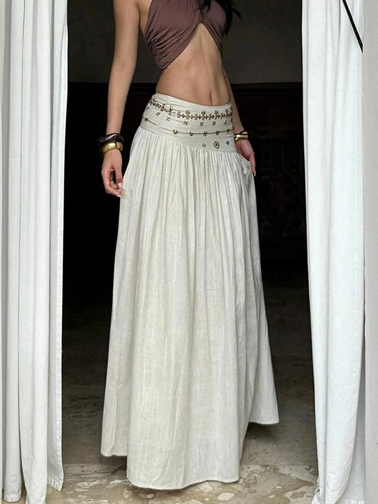 Vacation style heavy industry off white A-line skirt for women summer new thin skirt holiday retro low waist long skirt